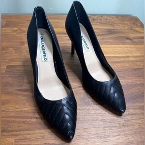 Karl Lagerfeld Paris Rouelle Textured Leather Pumps Black Heel Quilted 7 FLAW